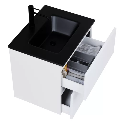 HD Aria Pro Silk Matt White 60 komplett fürdőszoba bútor fali push-to-open mosdószekrénnyel, matt fekete slim mosdóval és tükörrel