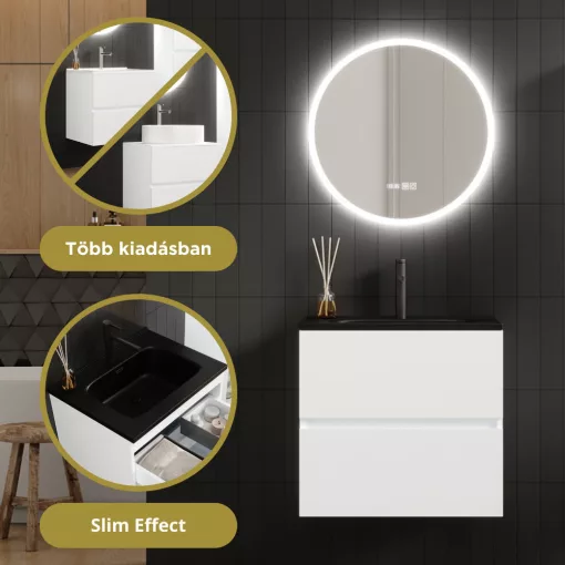 HD Aria Pro Silk Matt White 60 komplett fürdőszoba bútor fali push-to-open mosdószekrénnyel, matt fekete slim mosdóval és tükörrel