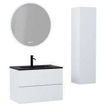 HD Aria Pro Silk Matt White 60 komplett fürdőszoba bútor szett fali push-to-open mosdószekrénnyel, matt fekete slim mosdóval, tükörrel és magasszekrénnyel