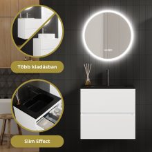 HD Aria Pro Silk Matt White 60 komplett fürdőszoba bútor szett fali push-to-open mosdószekrénnyel, matt fekete slim mosdóval, tükörrel és magasszekrénnyel