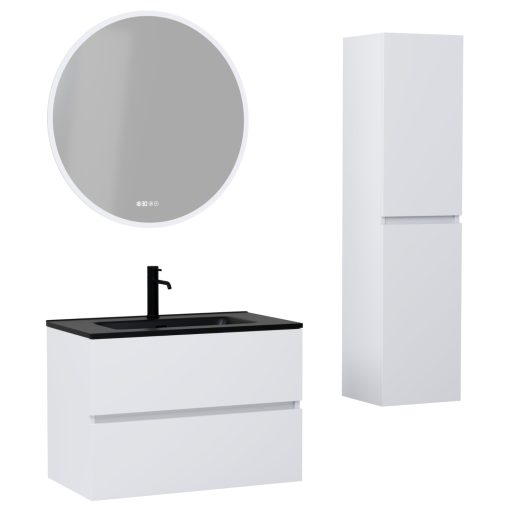 HD Aria Silk Matt White 60 komplett fürdőszoba bútor szett fali mosdószekrénnyel, matt fekete slim mosdóval, tükörrel és magasszekrénnyel