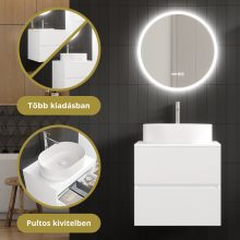 HD Zyra Pro Silk Matt White 60 komplett fürdőszoba bútor fali push-to-open mosdószekrénnyel, selymes matt fehér mosdópulttal és tükörrel