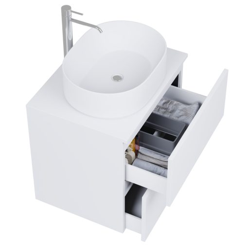 HD Zyra Pro Silk Matt White 60 komplett fürdőszoba bútor szett fali push-to-open mosdószekrénnyel, selymes matt fehér mosdópulttal, tükörrel és magasszekrénnyel