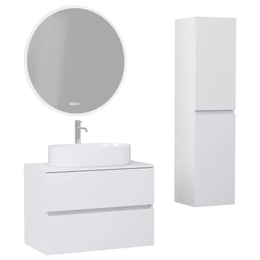 HD Zyra Silk Matt White 60/80/100/120 komplett fürdőszoba bútor szett fali mosdószekrénnyel, selymes matt fehér mosdópulttal, tükörrel és magasszekrénnyel