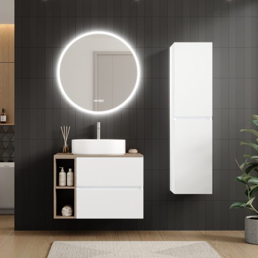 HD Zyra Pro+ Silk Matt White 80 fali mosdószekrény, push-to-open mechanizmussal, oak mosdópulttal és kiegészítő oak fali modullal