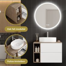 HD Zyra Pro+ Silk Matt White 80 fali mosdószekrény, push-to-open mechanizmussal, oak mosdópulttal és kiegészítő oak fali modullal