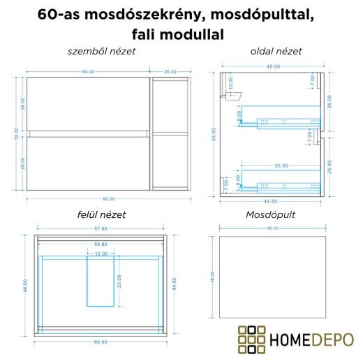 HD Zyra Pro+ Silk Matt White 80 fali mosdószekrény, push-to-open mechanizmussal, oak mosdópulttal és kiegészítő oak fali modullal