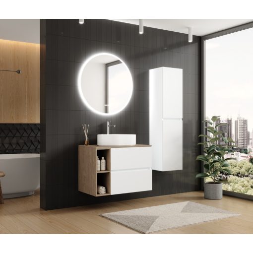 HD Zyra+ Silk Matt White 80/100 fali mosdószekrény oak mosdópulttal és kiegészítő oak fali modullal