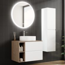 HD Zyra+ Silk Matt White 80/100 fali mosdószekrény oak mosdópulttal és kiegészítő oak fali modullal