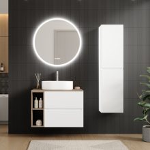 HD Zyra+ Silk Matt White 80/100 fali mosdószekrény oak mosdópulttal és kiegészítő oak fali modullal