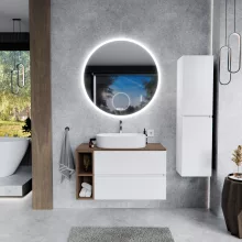 HD Zyra+ Silk Matt White 80/100 fali mosdószekrény oak mosdópulttal és kiegészítő oak fali modullal
