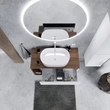 HD Zyra+ Silk Matt White 80/100 fali mosdószekrény oak mosdópulttal és kiegészítő oak fali modullal
