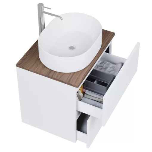 HD Zyra Pro Silk Matt White 60 komplett fürdőszoba bútor fali push-to-open mosdószekrénnyel, tölgyfa színű mosdópulttal és tükörrel