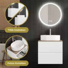 HD Zyra Pro Silk Matt White 60 komplett fürdőszoba bútor fali push-to-open mosdószekrénnyel, tölgyfa színű mosdópulttal és tükörrel