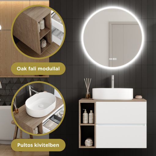 HD Zyra Pro+ Silk Matt White 80 komplett fürdőszoba bútor fali push-to-open mosdószekrénnyel, oak mosdópulttal, kiegészítő oak fali modullal és tükörrel