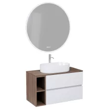 HD Zyra+ Silk Matt White 80/100 komplett fürdőszoba bútor fali mosdószekrénnyel, oak mosdópulttal, kiegészítő oak fali modullal és tükörrel