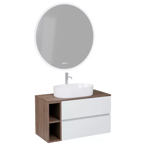 HD Zyra+ Silk Matt White 80/100 komplett fürdőszoba bútor fali mosdószekrénnyel, oak mosdópulttal, kiegészítő oak fali modullal és tükörrel