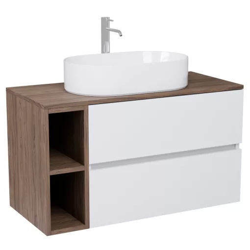 HD Zyra+ Silk Matt White 80/100 komplett fürdőszoba bútor fali mosdószekrénnyel, oak mosdópulttal, kiegészítő oak fali modullal és tükörrel