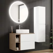 HD Zyra+ Silk Matt White 80/100 komplett fürdőszoba bútor fali mosdószekrénnyel, oak mosdópulttal, kiegészítő oak fali modullal és tükörrel