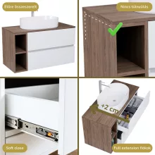 HD Zyra+ Silk Matt White 80/100 komplett fürdőszoba bútor fali mosdószekrénnyel, oak mosdópulttal, kiegészítő oak fali modullal és tükörrel