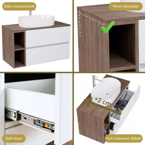 HD Zyra+ Silk Matt White 80/100 komplett fürdőszoba bútor fali mosdószekrénnyel, oak mosdópulttal, kiegészítő oak fali modullal és tükörrel