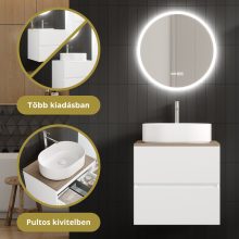 HD Zyra Silk Matt White 60 komplett fürdőszoba bútor fali mosdószekrénnyel, tölgyfa színű mosdópulttal és tükörrel