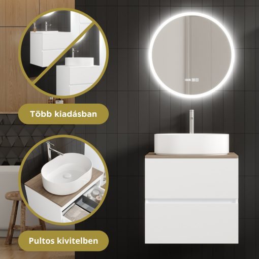 HD Zyra Silk Matt White 60 komplett fürdőszoba bútor fali mosdószekrénnyel, tölgyfa színű mosdópulttal és tükörrel