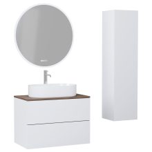 HD Zyra Pro Silk Matt White 60 komplett fürdőszoba bútor szett fali push-to-open mosdószekrénnyel, tölgyfa színű mosdópulttal, tükörrel és magasszekrénnyel