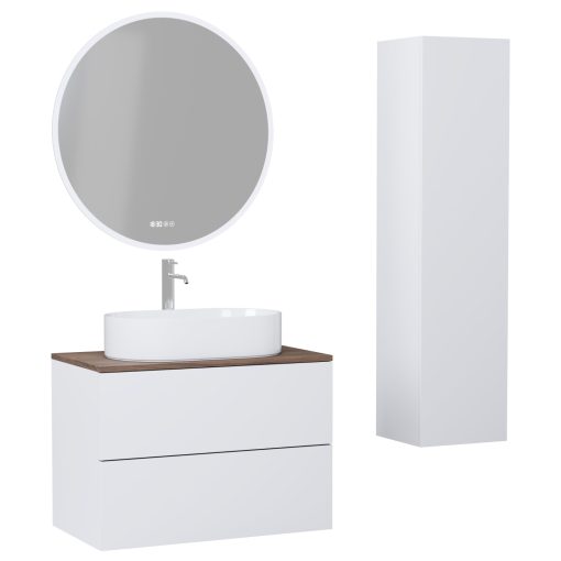 HD Zyra Pro Silk Matt White 60 komplett fürdőszoba bútor szett fali push-to-open mosdószekrénnyel, tölgyfa színű mosdópulttal, tükörrel és magasszekrénnyel