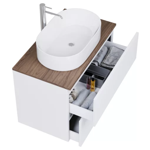 HD Zyra Pro Silk Matt White 60 komplett fürdőszoba bútor szett fali push-to-open mosdószekrénnyel, tölgyfa színű mosdópulttal, tükörrel és magasszekrénnyel