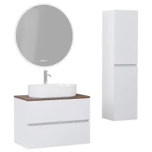 HD Zyra Silk Matt White 60 komplett fürdőszoba bútor szett fali mosdószekrénnyel, tölgyfa színű mosdópulttal, tükörrel és magasszekrénnyel