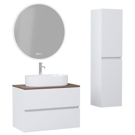 HD Zyra Silk Matt White 60 komplett fürdőszoba bútor szett fali mosdószekrénnyel, tölgyfa színű mosdópulttal, tükörrel és magasszekrénnyel