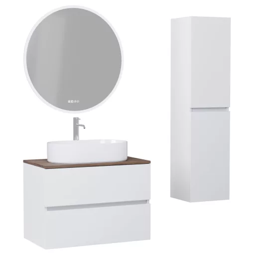 HD Zyra Silk Matt White 60 komplett fürdőszoba bútor szett fali mosdószekrénnyel, tölgyfa színű mosdópulttal, tükörrel és magasszekrénnyel