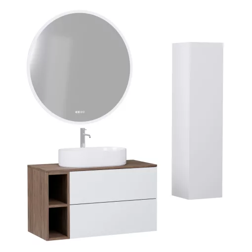 HD Zyra Pro+ Silk Matt White 80 komplett fürdőszoba bútor szett fali push-to-open mosdószekrénnyel, oak mosdópulttal, kiegészítő oak fali modullal, tükörrel és magasszekrénnyel