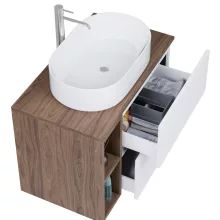 HD Zyra Pro+ Silk Matt White 80 komplett fürdőszoba bútor szett fali push-to-open mosdószekrénnyel, oak mosdópulttal, kiegészítő oak fali modullal, tükörrel és magasszekrénnyel