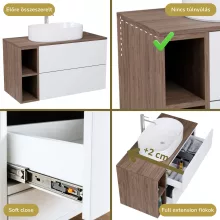 HD Zyra Pro+ Silk Matt White 80 komplett fürdőszoba bútor szett fali push-to-open mosdószekrénnyel, oak mosdópulttal, kiegészítő oak fali modullal, tükörrel és magasszekrénnyel