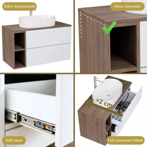 HD Zyra Pro+ Silk Matt White 80 komplett fürdőszoba bútor szett fali push-to-open mosdószekrénnyel, oak mosdópulttal, kiegészítő oak fali modullal, tükörrel és magasszekrénnyel