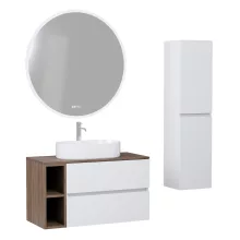 HD Zyra+ Silk Matt White 80/100 komplett fürdőszoba bútor szett fali mosdószekrénnyel, oak mosdópulttal, kiegészítő oak fali modullal, tükörrel és magasszekrénnyel