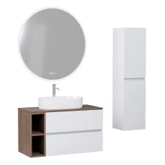   HD Zyra+ Silk Matt White 80/100 komplett fürdőszoba bútor szett fali mosdószekrénnyel, oak mosdópulttal, kiegészítő oak fali modullal, tükörrel és magasszekrénnyel