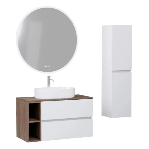 HD Zyra+ Silk Matt White 80/100 komplett fürdőszoba bútor szett fali mosdószekrénnyel, oak mosdópulttal, kiegészítő oak fali modullal, tükörrel és magasszekrénnyel