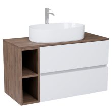 HD Zyra+ Silk Matt White 80/100 komplett fürdőszoba bútor szett fali mosdószekrénnyel, oak mosdópulttal, kiegészítő oak fali modullal, tükörrel és magasszekrénnyel