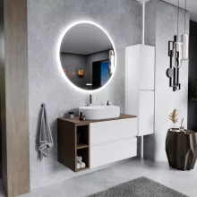 HD Zyra+ Silk Matt White 80/100 komplett fürdőszoba bútor szett fali mosdószekrénnyel, oak mosdópulttal, kiegészítő oak fali modullal, tükörrel és magasszekrénnyel