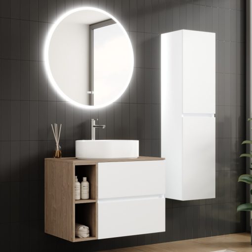 HD Zyra+ Silk Matt White 80/100 komplett fürdőszoba bútor szett fali mosdószekrénnyel, oak mosdópulttal, kiegészítő oak fali modullal, tükörrel és magasszekrénnyel