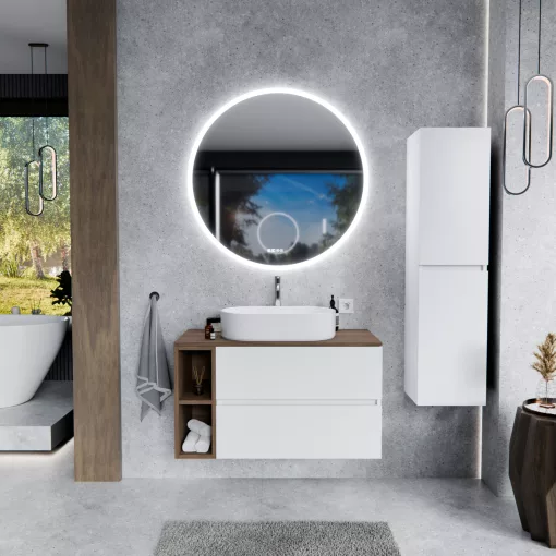 HD Zyra+ Silk Matt White 80/100 komplett fürdőszoba bútor szett fali mosdószekrénnyel, oak mosdópulttal, kiegészítő oak fali modullal, tükörrel és magasszekrénnyel