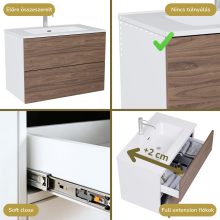 HD Aria Pro Silk Matt White-Oak 60 fali mosdószekrény, push-to-open mechanizmussal, fényes fehér slim mosdóval