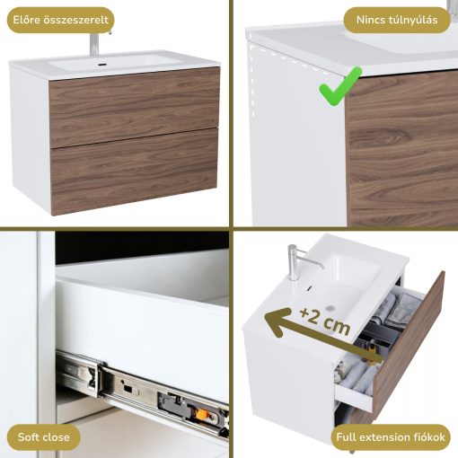 HD Aria Pro Silk Matt White-Oak 60 fali mosdószekrény, push-to-open mechanizmussal, fényes fehér slim mosdóval