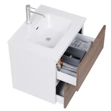 HD Aria Pro Silk Matt White-Oak 60 komplett fürdőszoba bútor fali push-to-open mosdószekrénnyel, fényes fehér slim mosdóval és tükörrel