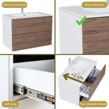 HD Aria Pro Silk Matt White-Oak 60 komplett fürdőszoba bútor fali push-to-open mosdószekrénnyel, fényes fehér slim mosdóval és tükörrel