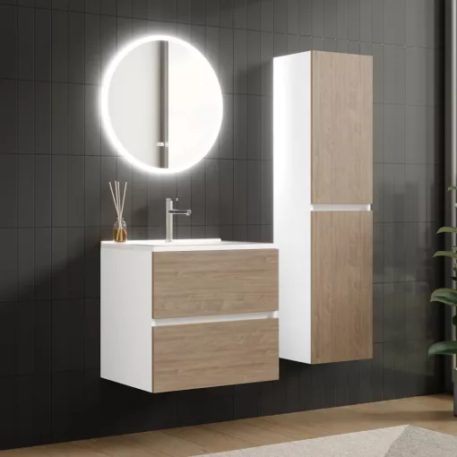 HD Aria Silk Matt White-Oak 60 komplett fürdőszoba bútor fali mosdószekrénnyel, fényes fehér slim mosdóval és tükörrel