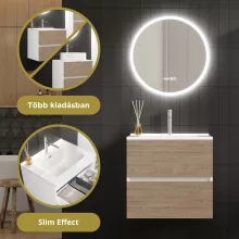 HD Aria Silk Matt White-Oak 60 komplett fürdőszoba bútor fali mosdószekrénnyel, fényes fehér slim mosdóval és tükörrel